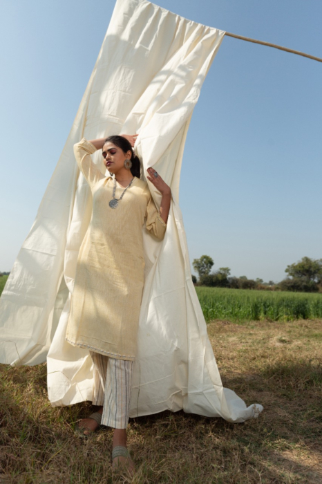 Applique Kala Cotton Collor Neck Straight Kurti