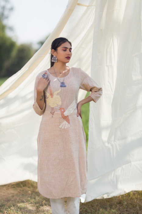 Applique Humming Bird Kala Cotton Kurti