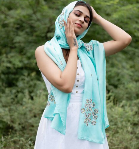 Applique Silk Stole Sky Blue