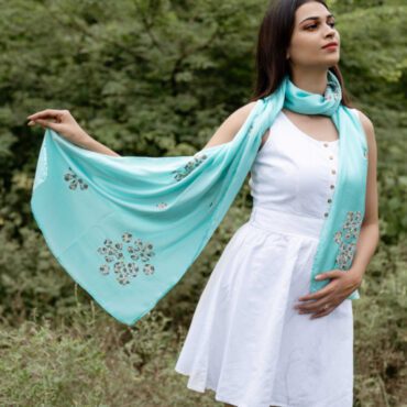 Applique Silk Stole Sky Blue