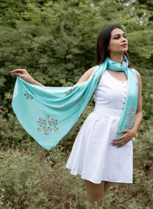 Applique Silk Stole Sky Blue