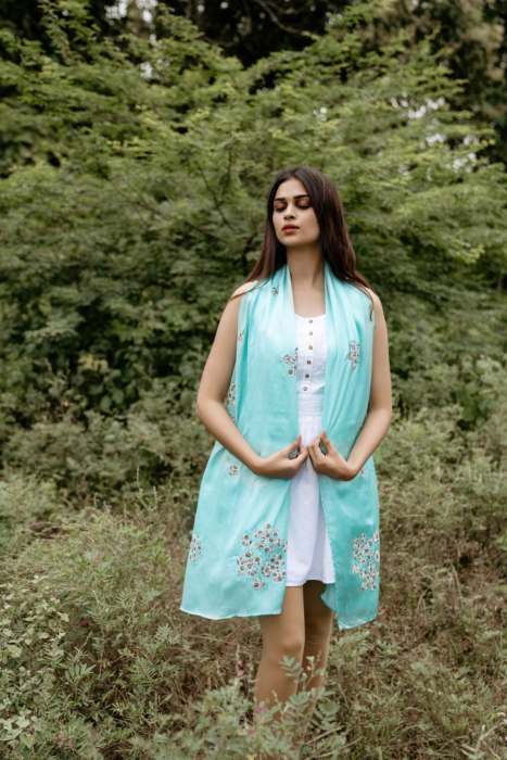 Applique Silk Stole Sky Blue