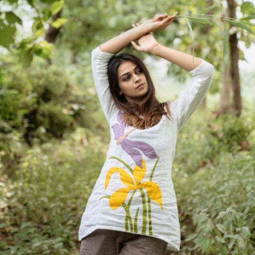 Applique Tropical Flower Bell Sleeve Top