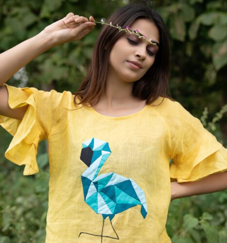 Applique Linen Bell Sleeves Top