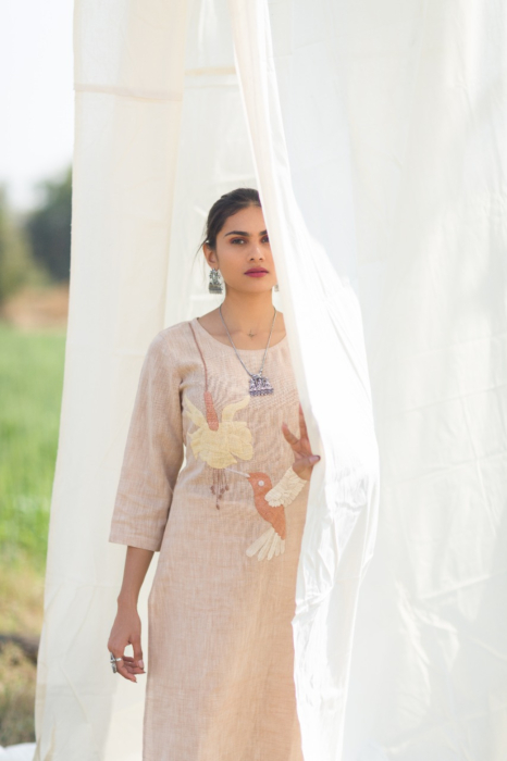 Applique Humming Bird Kala Cotton Kurti